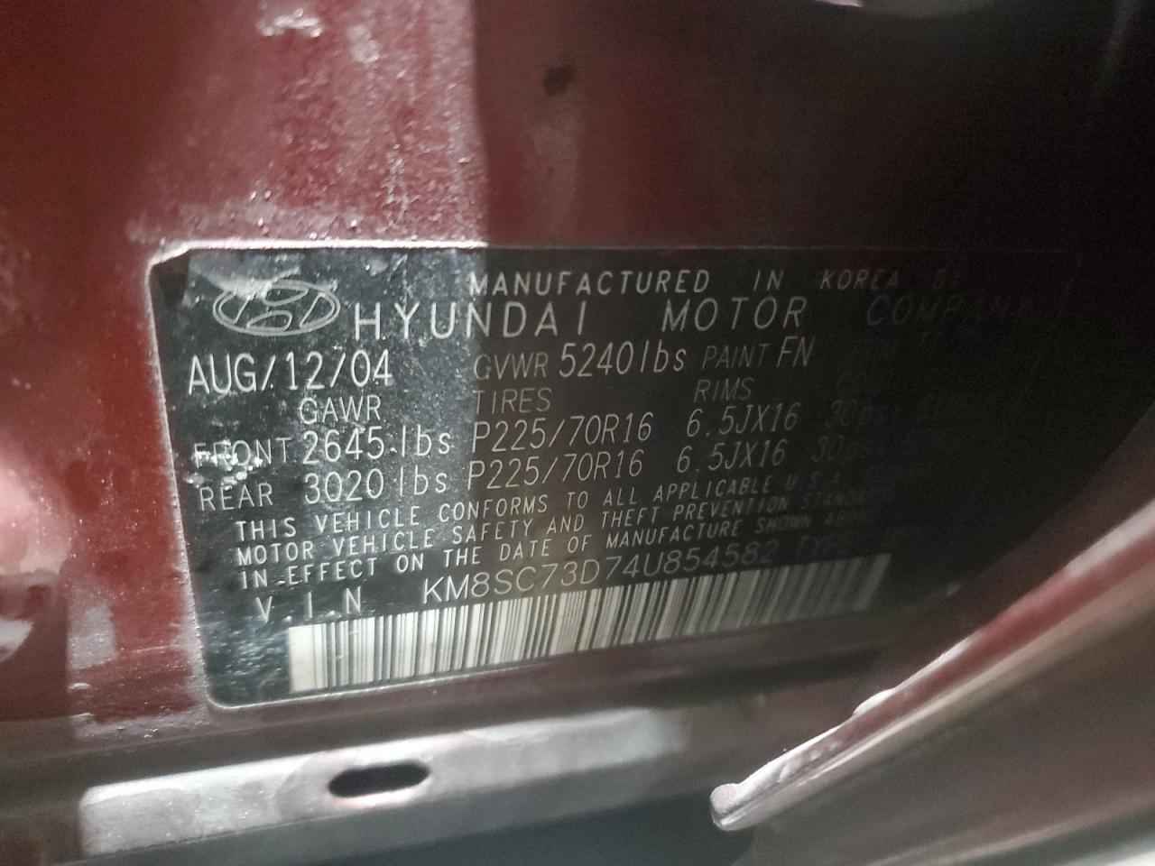 2004 Hyundai Santa Fe VIN KM8SC73D74U854582 Copart auction photo, rear end damage thumbnail 12