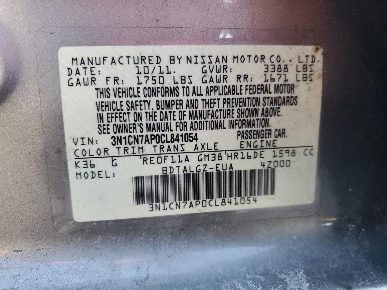 2012 Nissan Versa VIN 3N1CN7AP0CL841054 Copart auction photo, rear end damage thumbnail 12