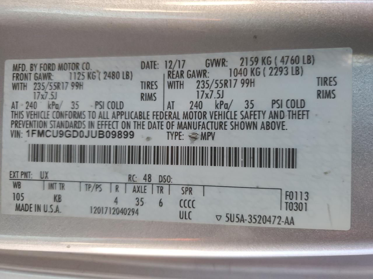 2018 Ford Escape VIN 1FMCU9GD0JUB09899 Copart auction photo, all over damage thumbnail 14