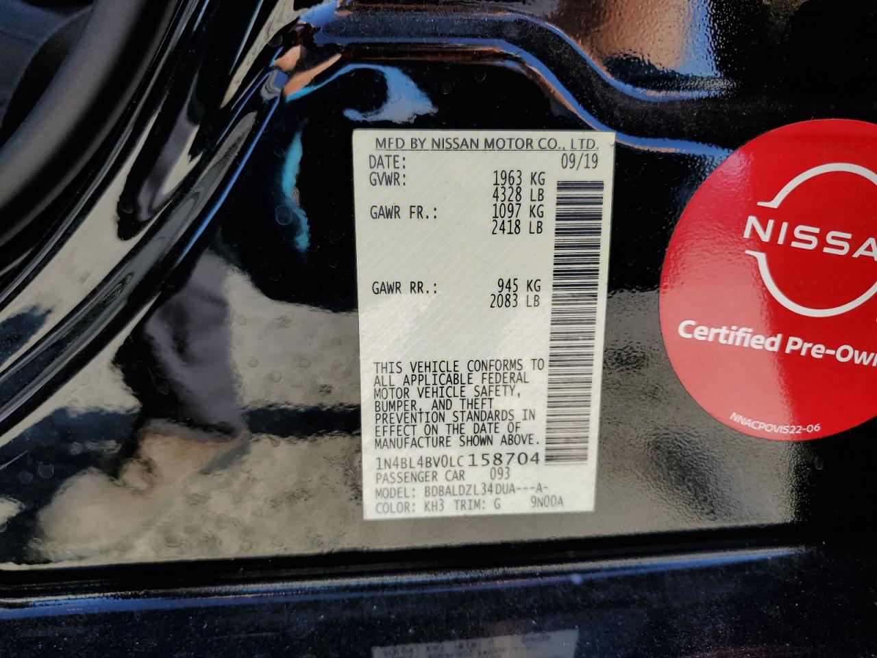 2020 Nissan Altima VIN 1N4BL4BV0LC158704 Copart auction photo, front end / side damage thumbnail 12