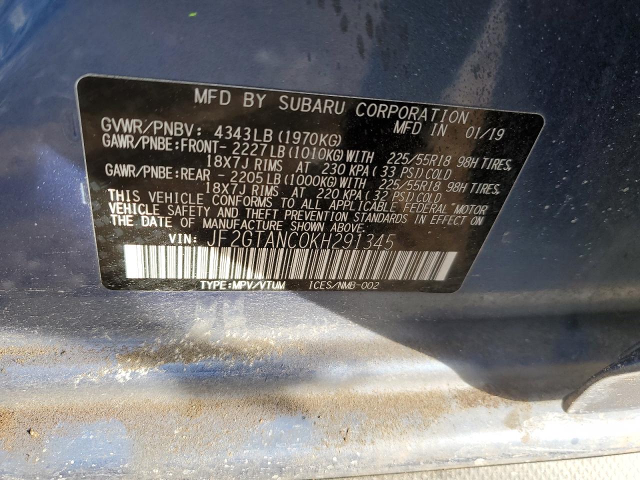 2019 Subaru XV VIN JF2GTANC0KH291345 Copart auction photo, side damage thumbnail 12