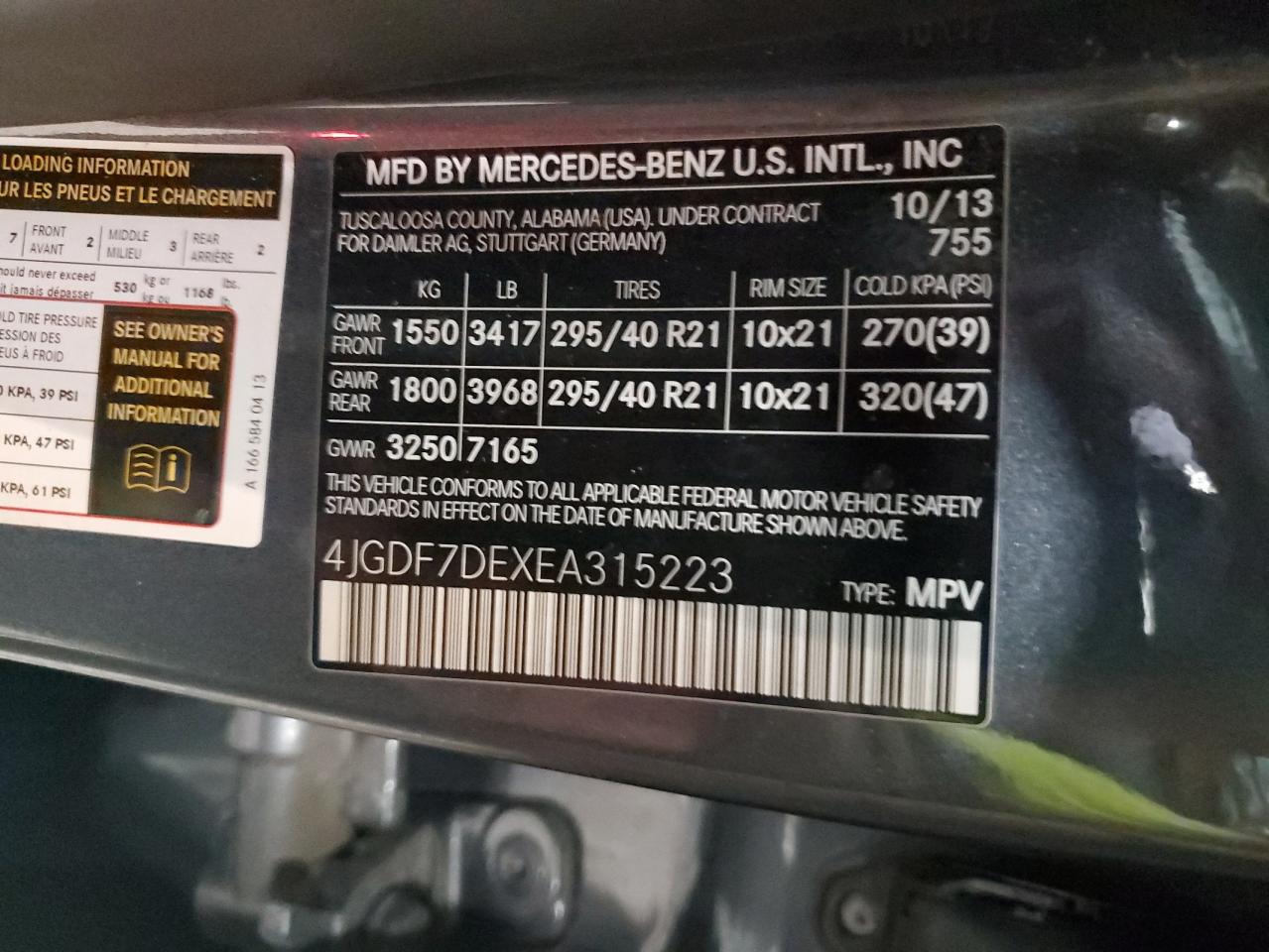 2014 Mercedes-Benz GL-klasse VIN 4JGDF7DEXEA315223 Copart auction photo, minor dent/scratches / mechanical damage thumbnail 13