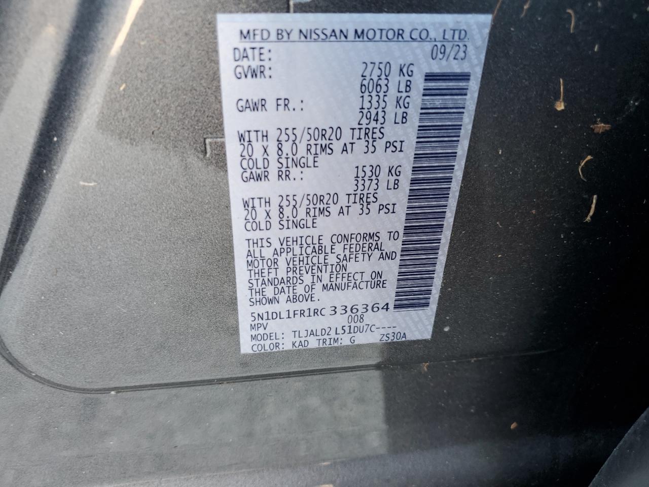 2024 Infiniti QX60 VIN 5N1DL1FR1RC336364 Copart auction photo, water/flood damage thumbnail 14