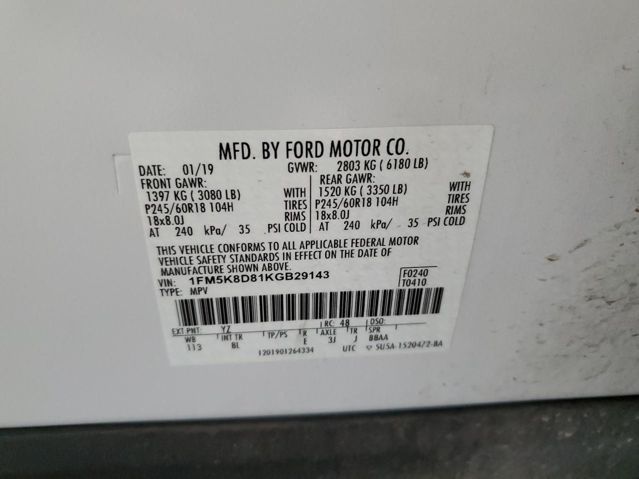 2019 Ford Explorer VIN 1FM5K8D81KGB29143 Copart auction photo, front end damage thumbnail 13