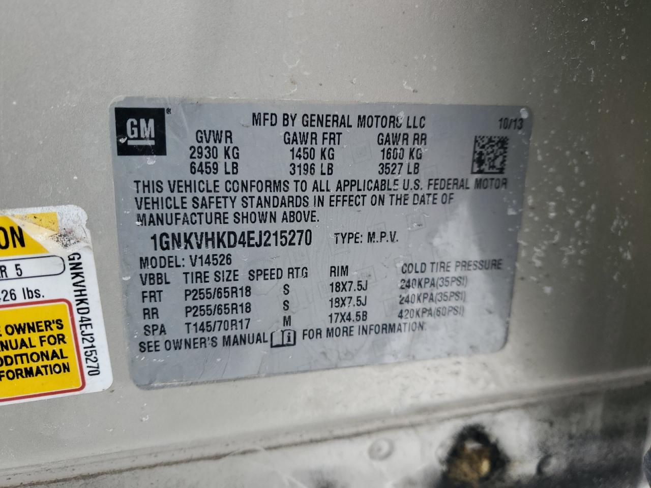 2014 Chevrolet Traverse VIN 1GNKVHKD4EJ215270 Copart auction photo, all over damage thumbnail 13