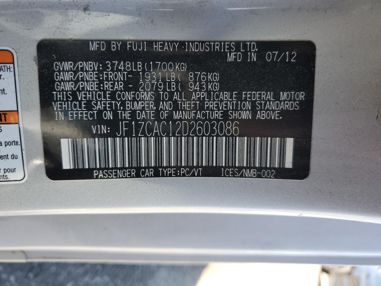 2013 Subaru BRZ VIN JF1ZCAC12D2603086 Copart auction photo, front end damage thumbnail 14