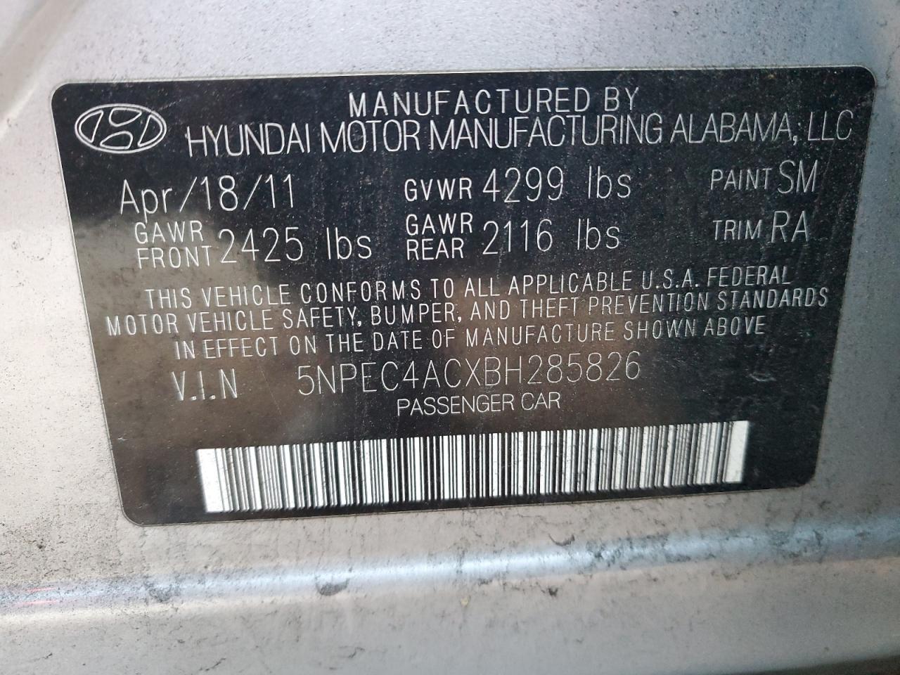 2011 Hyundai Sonata VIN 5NPEC4ACXBH285826 Copart auction photo, front end damage thumbnail 14