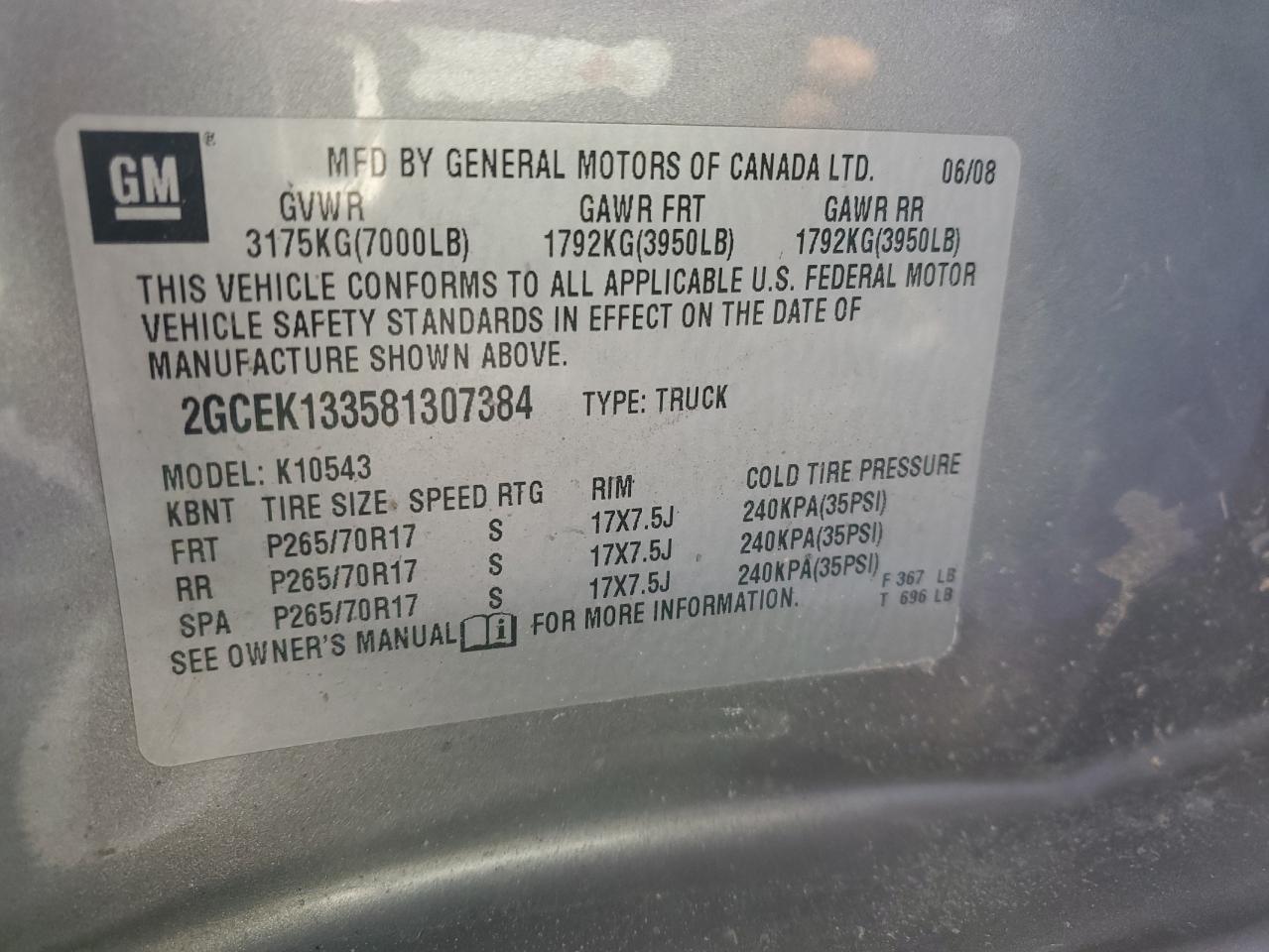 2008 Chevrolet Silverado VIN 2GCEK133581307384 Copart auction photo, all over damage thumbnail 14