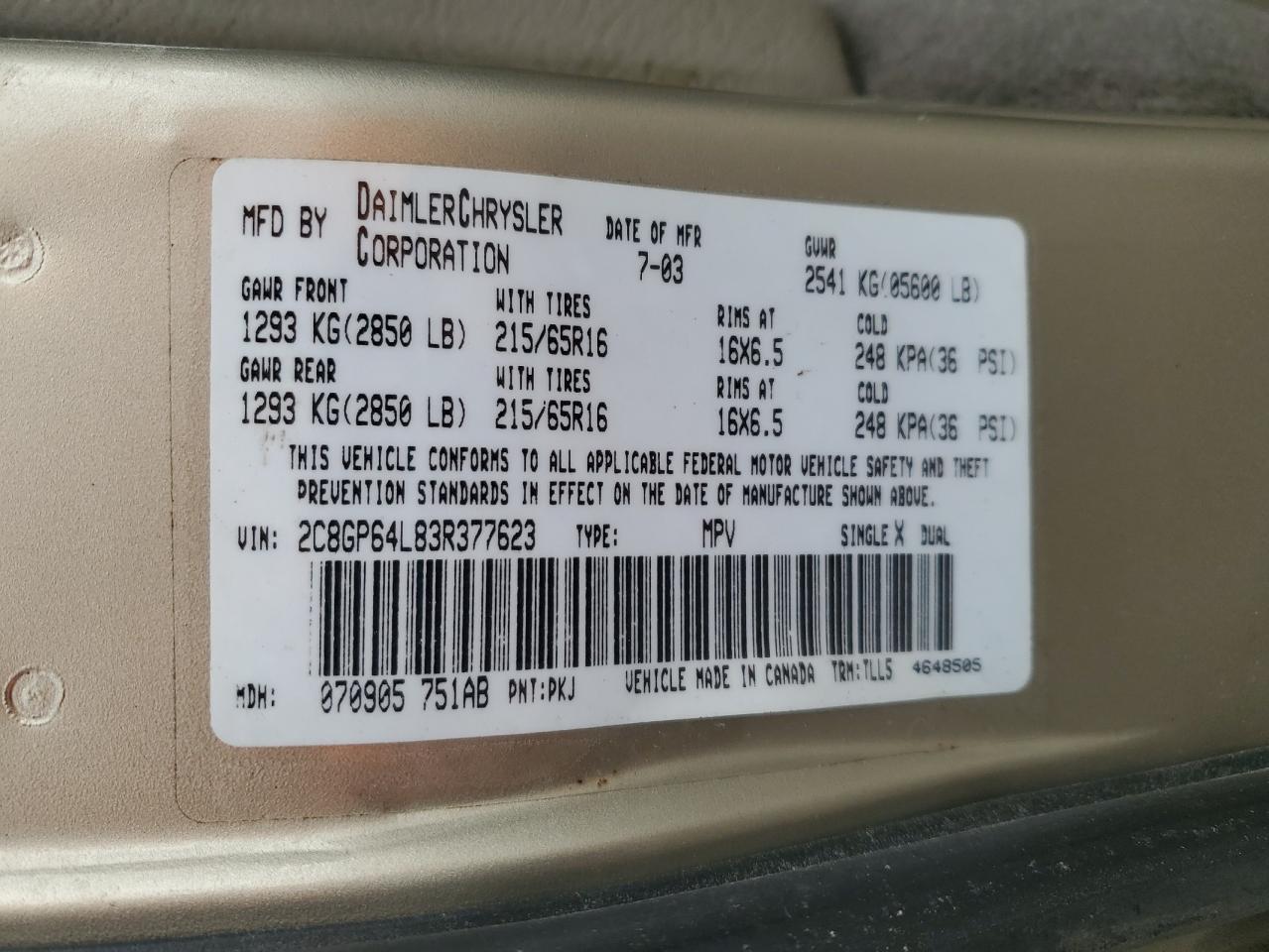 2003 Chrysler Town & Country VIN 2C8GP64L83R377623 Copart auction photo, front end / rear end damage thumbnail 14