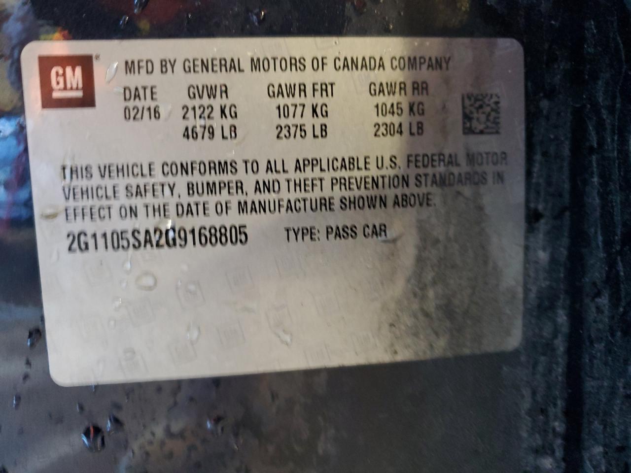 2016 Chevrolet Impala VIN 2G1105SA2G9168805 Copart auction photo, front end damage thumbnail 12