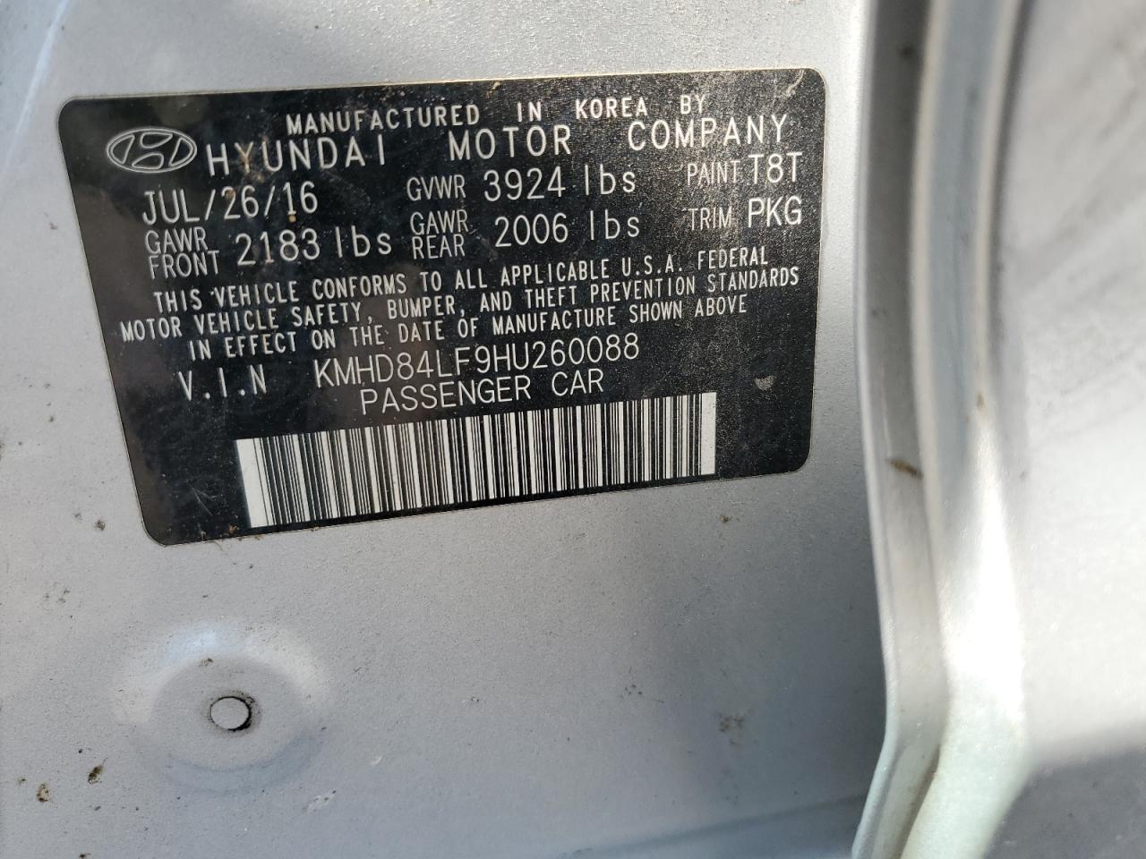 2017 Hyundai Elantra VIN KMHD84LF9HU260088 Copart auction photo, all over damage thumbnail 14