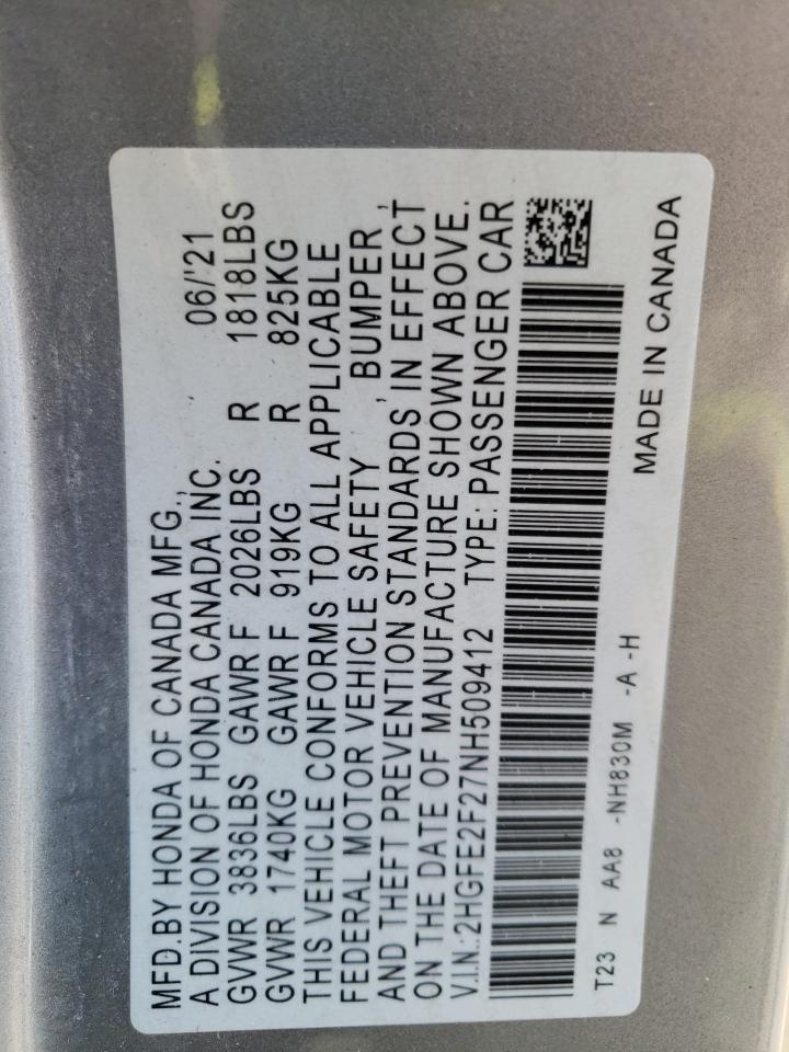 2022 Honda Civic VIN 2HGFE2F27NH509412 Copart auction photo, front end damage thumbnail 13