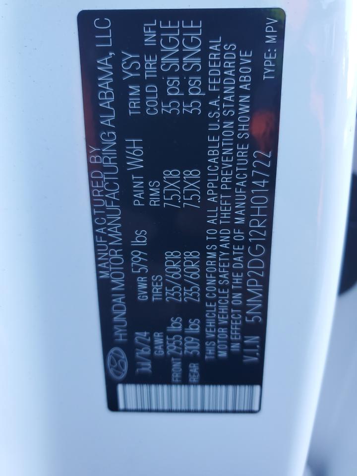 2024 Hyundai Santa Fe VIN 5NMP2DG12RH014722 Copart auction photo, vandalism damage thumbnail 13