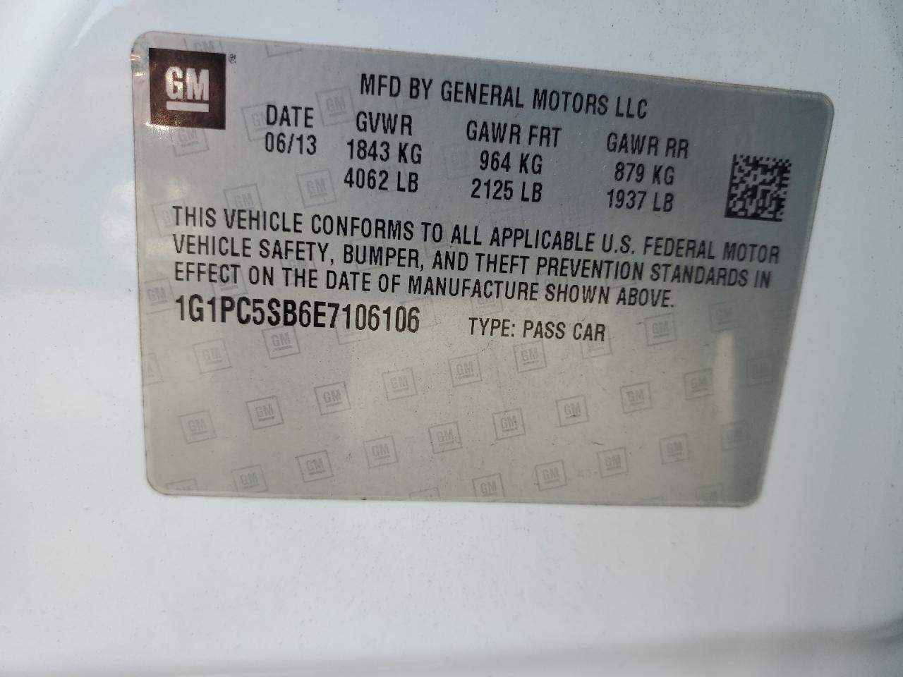 2014 Chevrolet Cruze VIN 1G1PC5SB6E7106106 Copart auction photo, mechanical damage thumbnail 13