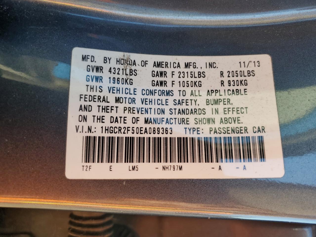 2014 Honda Accord VIN 1HGCR2F50EA089363 Copart auction photo, rear end / front end damage thumbnail 12