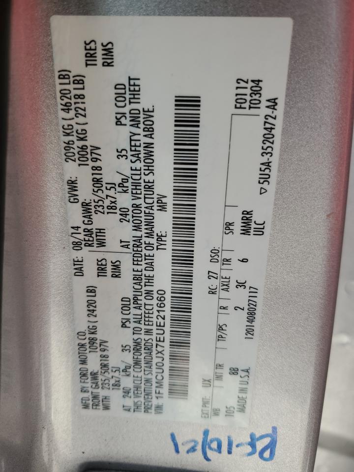 2014 Ford Escape VIN 1FMCU0JX7EUE21660 Copart auction photo, front end / side damage thumbnail 13