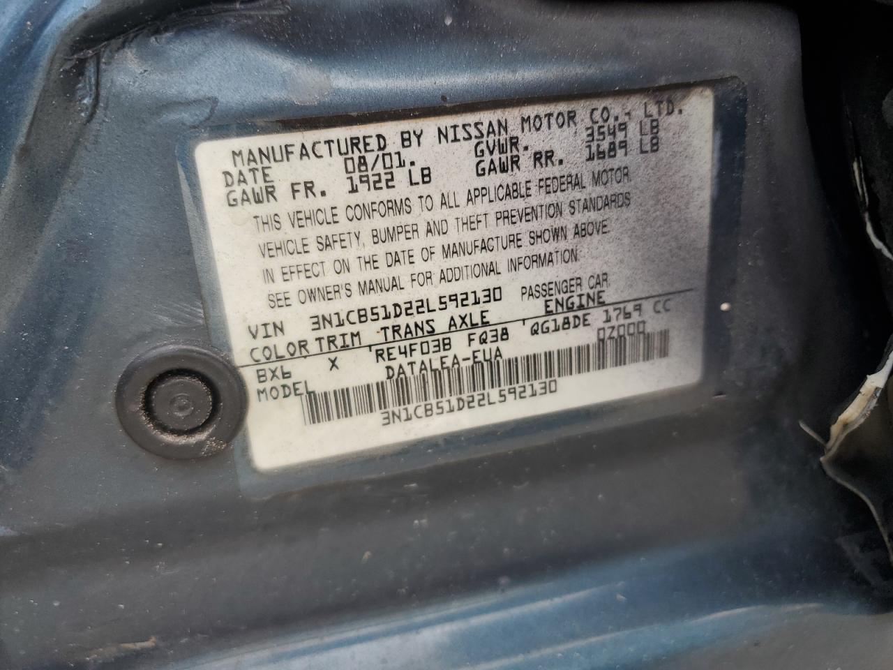 2002 Nissan Sentra VIN 3N1CB51D22L592130 Copart auction photo, rear end / side damage thumbnail 14