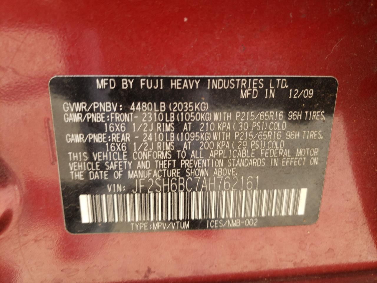 2010 Subaru Forester VIN JF2SH6BC7AH762161 Copart auction photo, mechanical / front end damage thumbnail 12