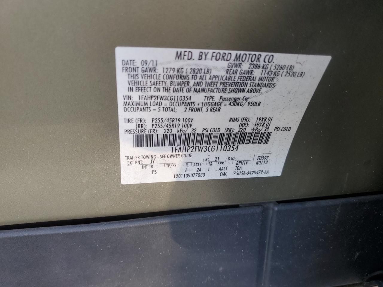 2012 Ford Taurus VIN 1FAHP2FW3CG110354 Copart auction photo, front end / minor dent/scratches damage thumbnail 12