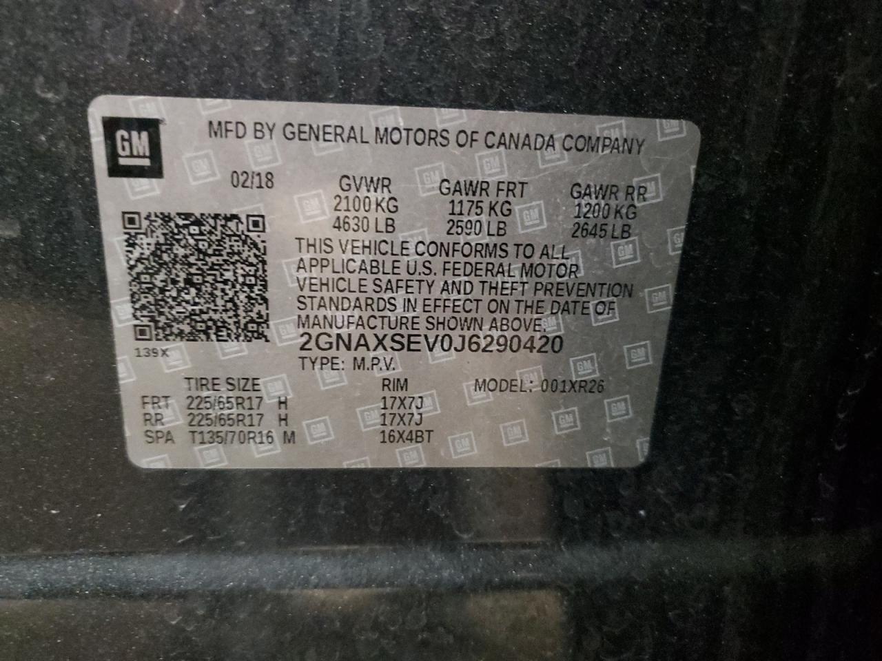 2018 Chevrolet Equinox VIN 2GNAXSEV0J6290420 Copart auction photo, front end damage thumbnail 14