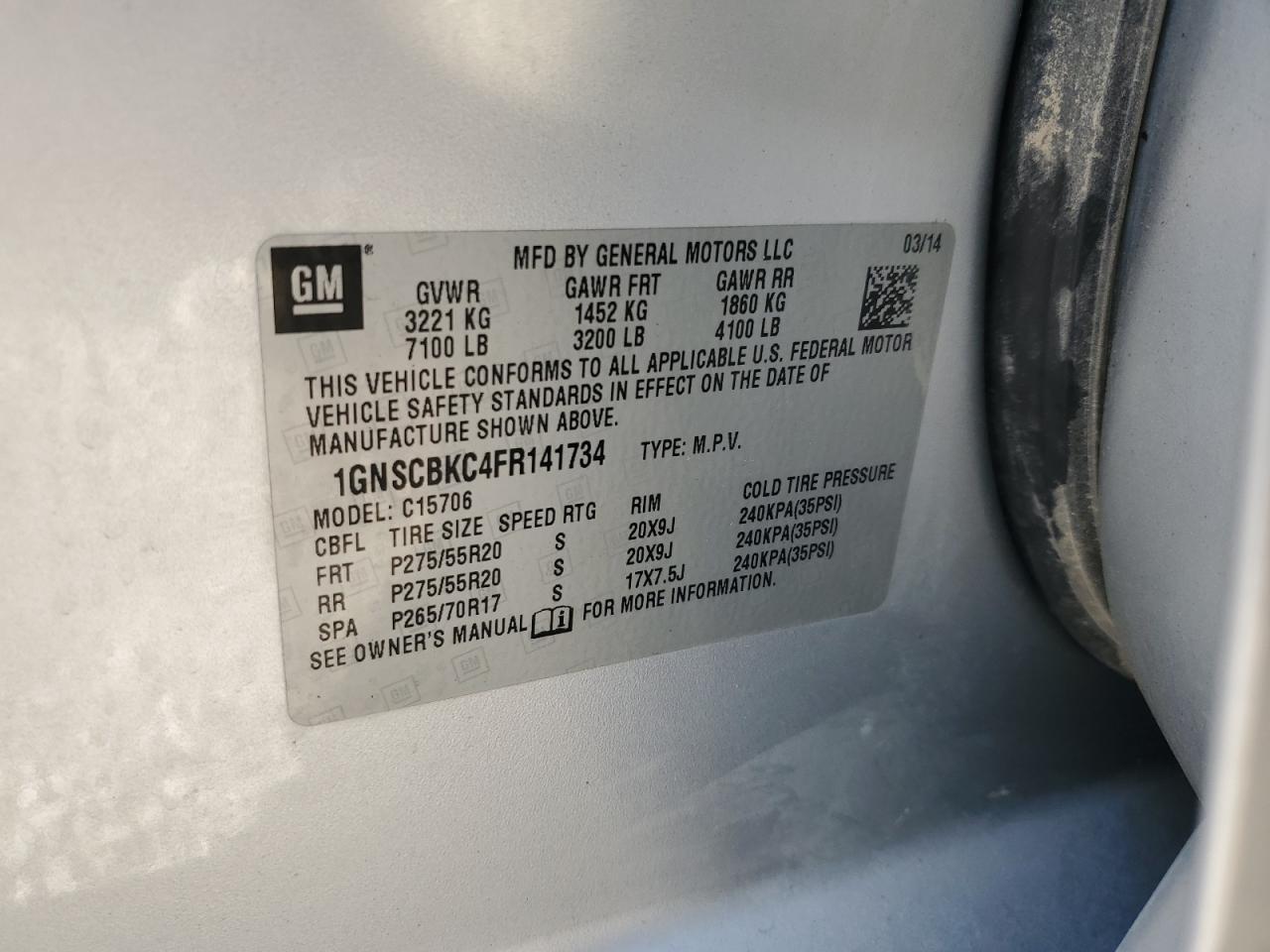 2015 Chevrolet Tahoe VIN 1GNSCBKC4FR141734 Copart auction photo, front end / side damage thumbnail 13