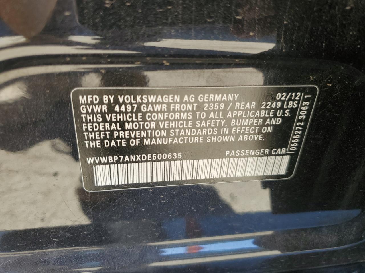 2013 Volkswagen Passat CC VIN WVWBP7ANXDE500635 Copart auction photo, front end damage thumbnail 14
