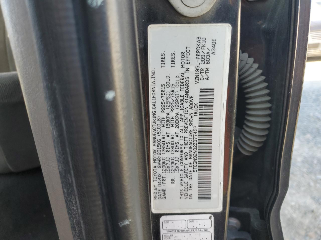 2002 Toyota Tacoma VIN 5TEGN92N02Z077452 Copart auction photo, front end damage thumbnail 12