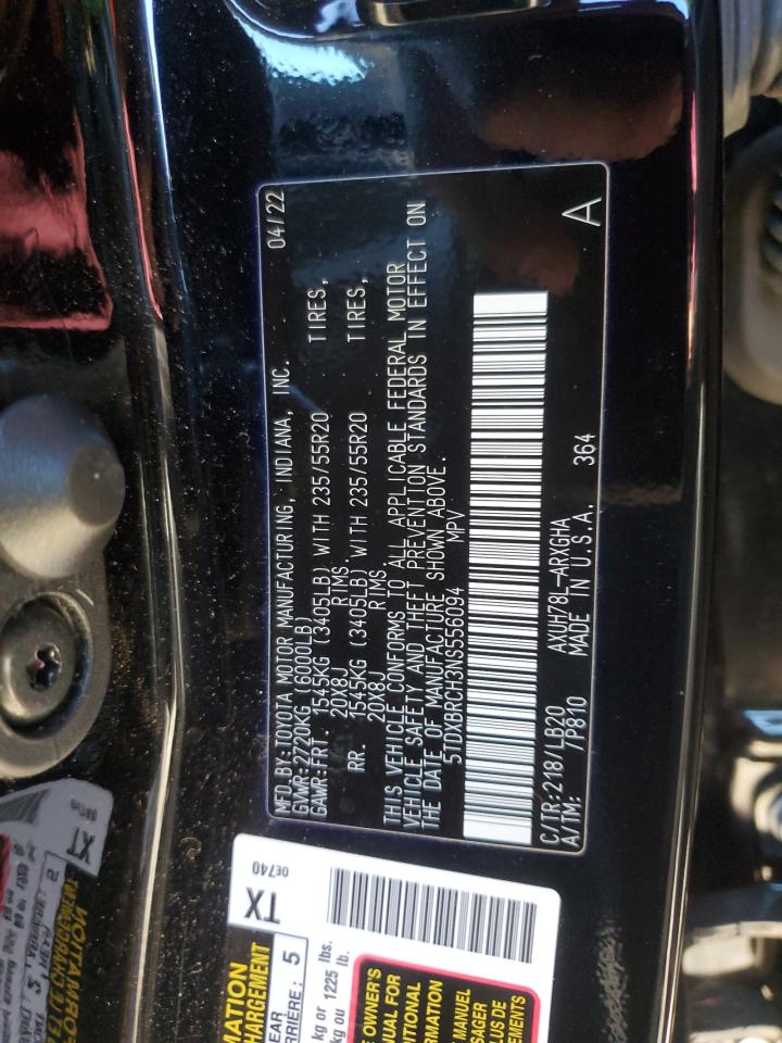 2022 Toyota Highlander VIN 5TDXBRCH3NS556094 Copart auction photo, front end / side damage thumbnail 15