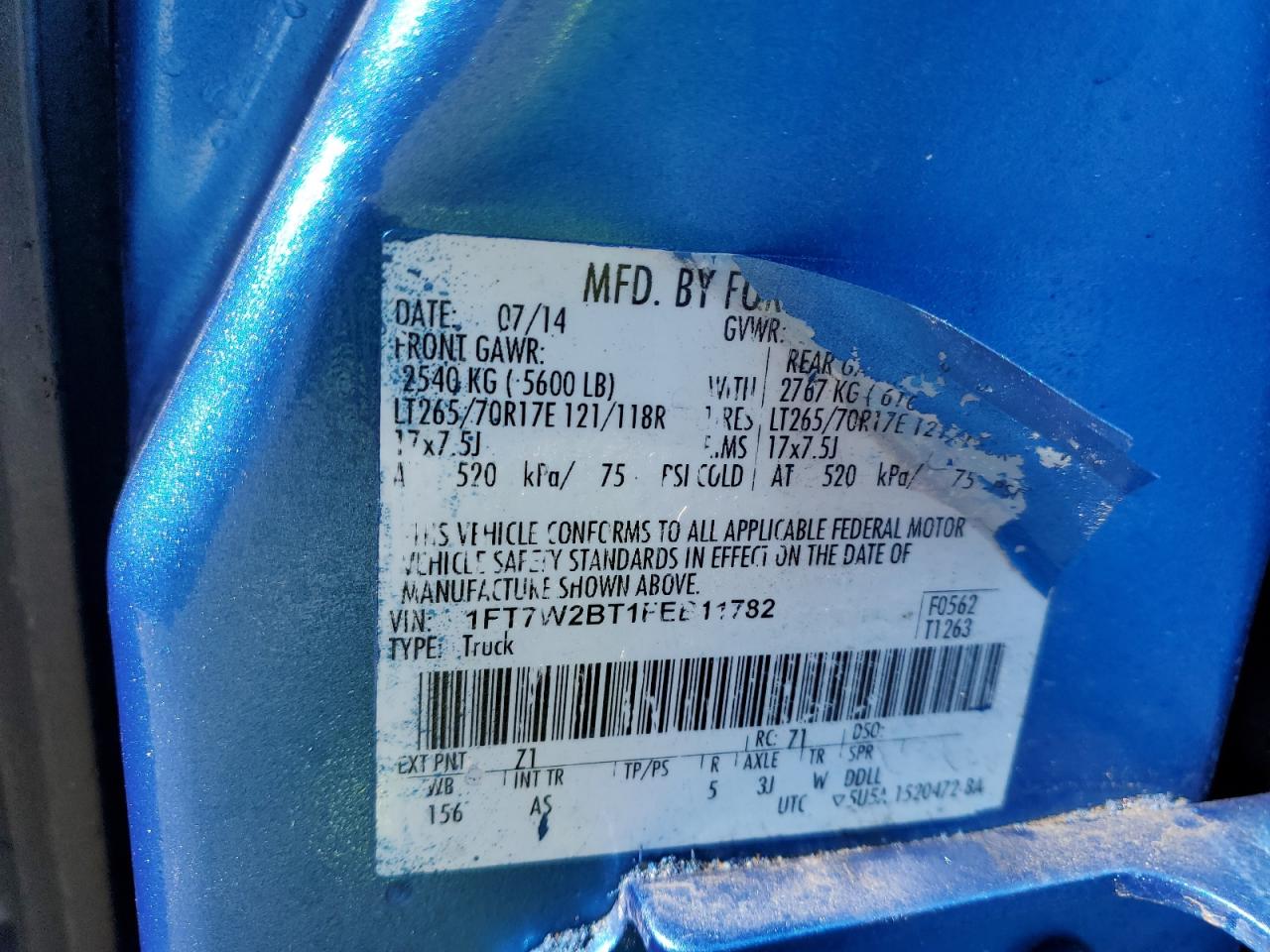 2015 Ford F250 VIN 1FT7W2BT1FEB11782 Copart auction photo, all over / undercarriage damage thumbnail 12
