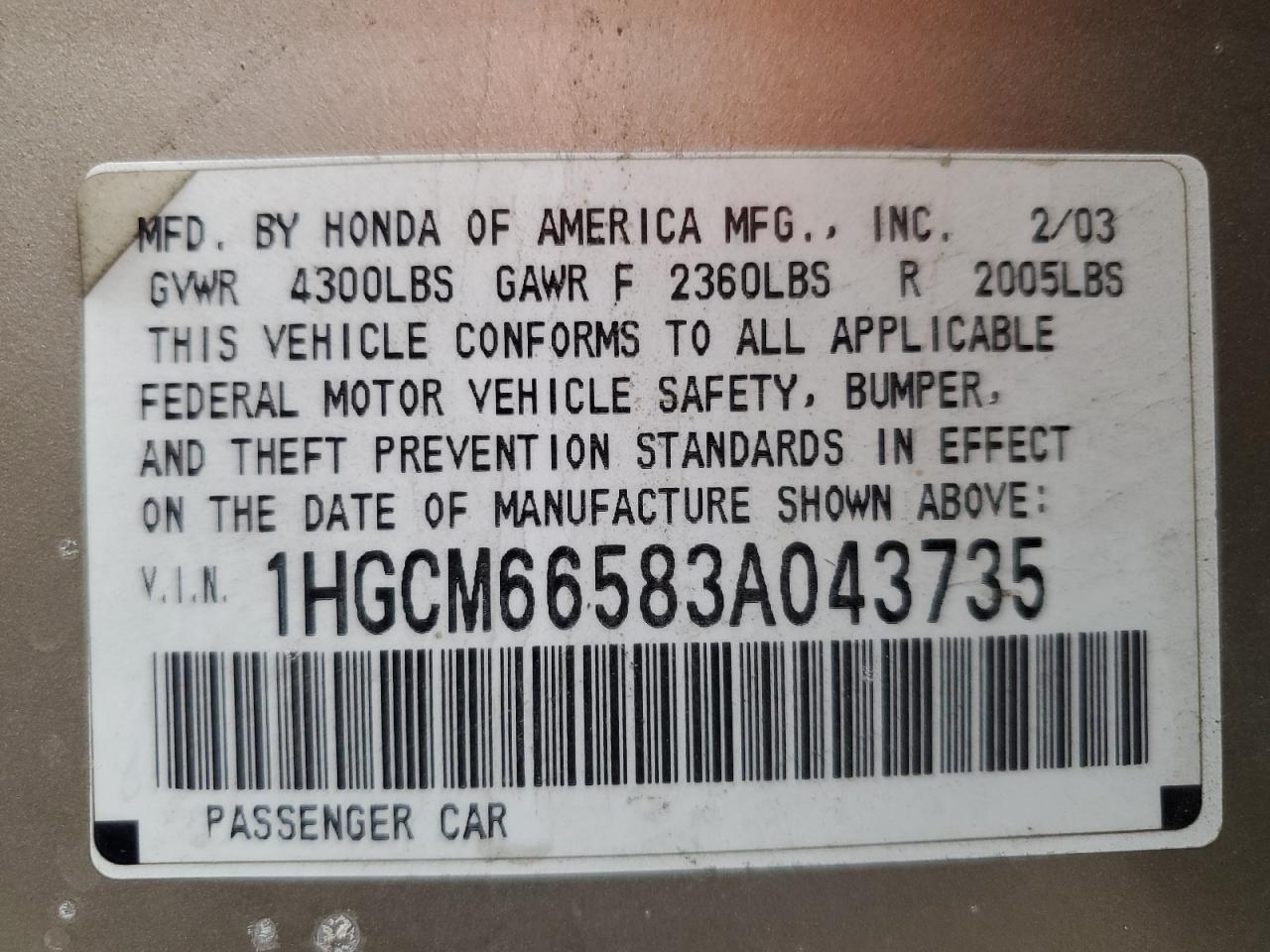 2003 Honda Accord VIN 1HGCM66583A043735 Copart auction photo, front end damage thumbnail 14