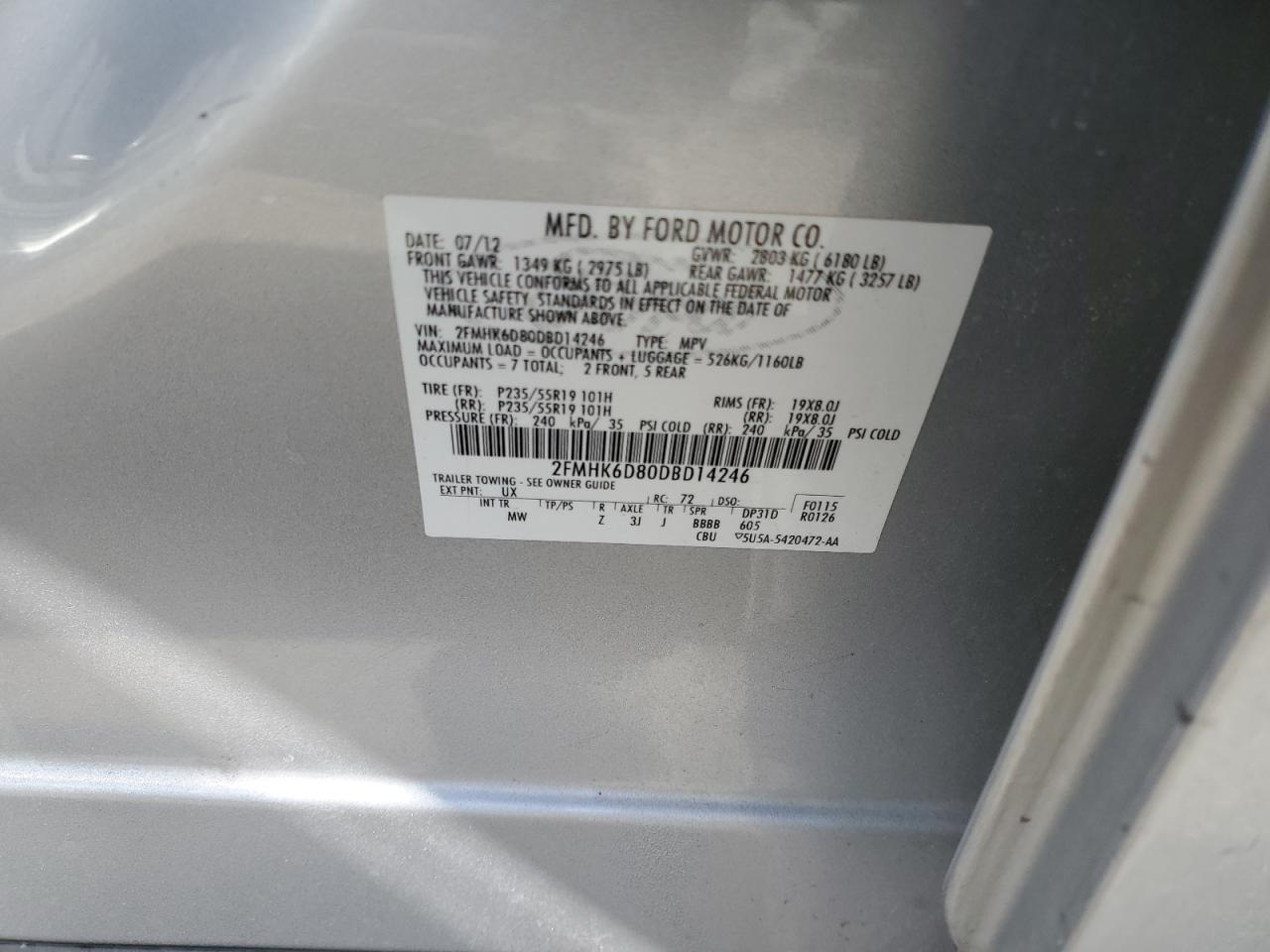 2013 Ford Flex VIN 2FMHK6D80DBD14246 Copart auction photo, front end damage thumbnail 12