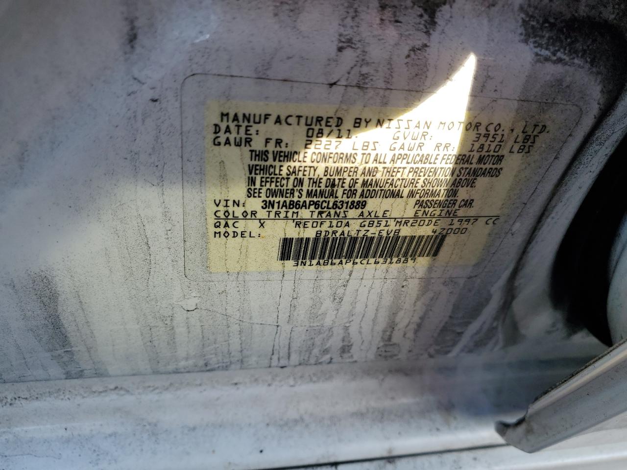 2012 Nissan Sentra VIN 3N1AB6AP6CL631889 Copart auction photo, rear end damage thumbnail 12