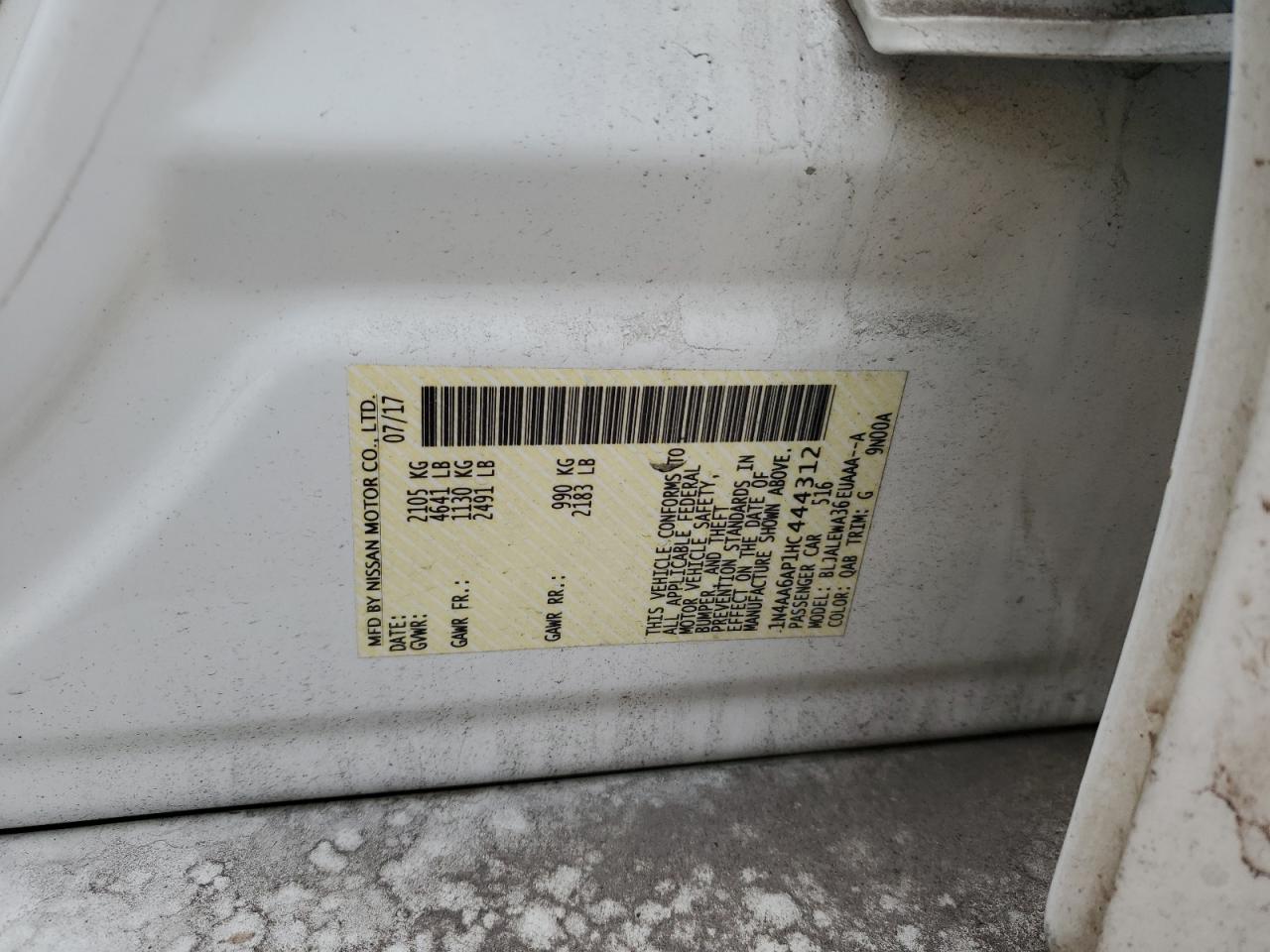 2017 Nissan Maxima VIN 1N4AA6AP1HC444312 Copart auction photo, front end / rear end damage thumbnail 15