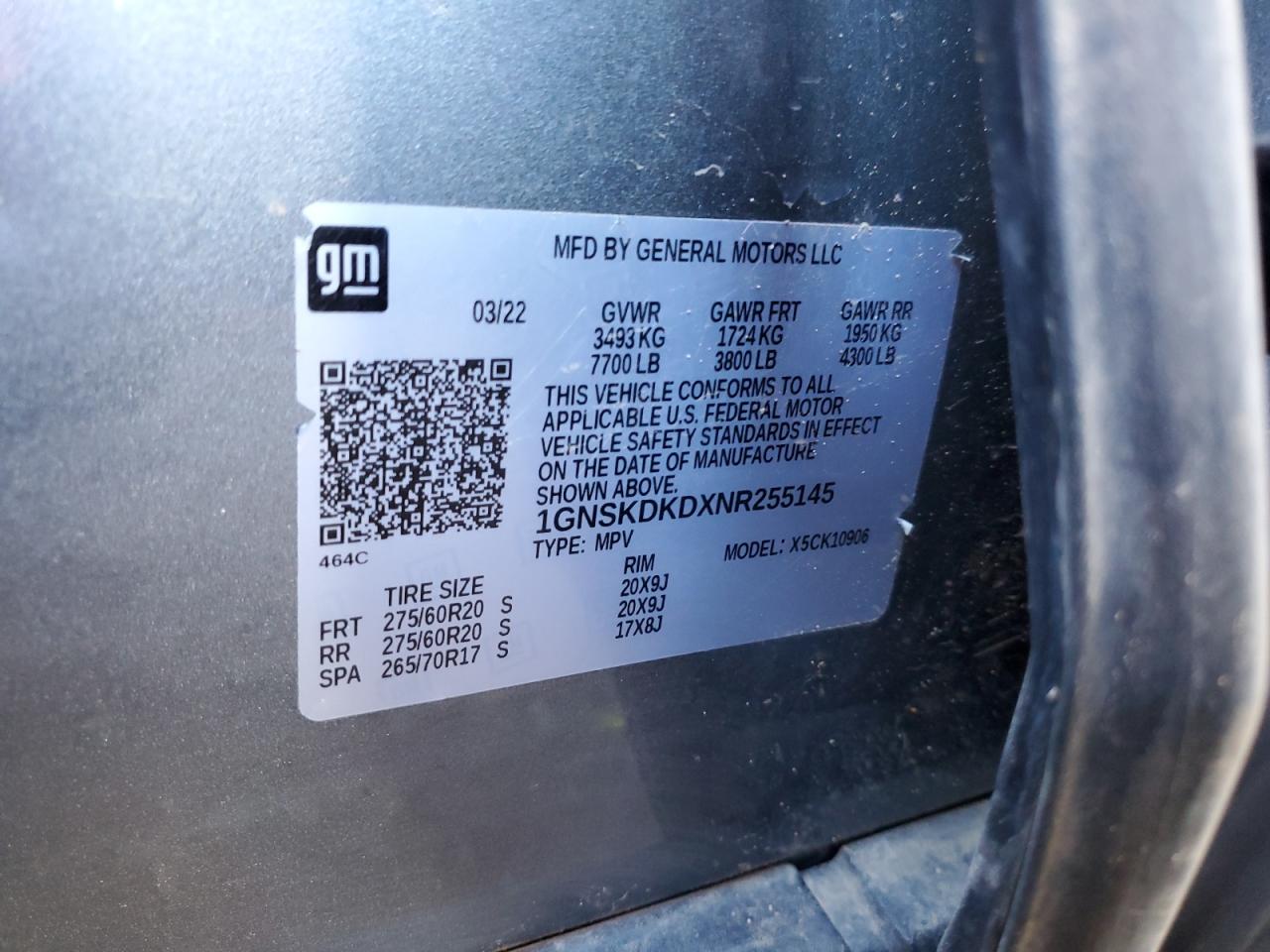 2022 Chevrolet Suburban VIN 1GNSKDKDXNR255145 Copart auction photo, all over damage thumbnail 13