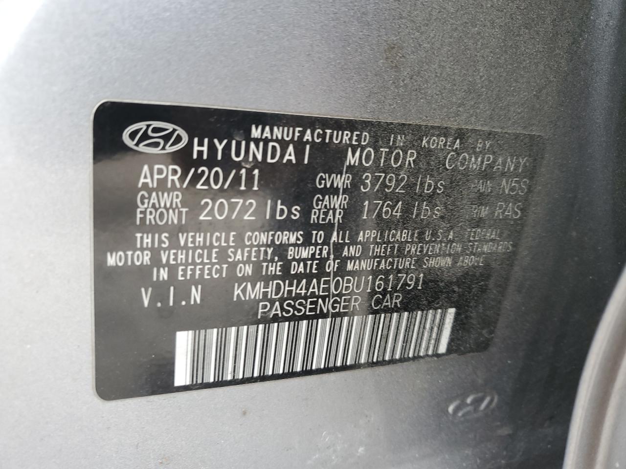 2011 Hyundai Elantra VIN KMHDH4AE0BU161791 Copart auction photo, front end damage thumbnail 12