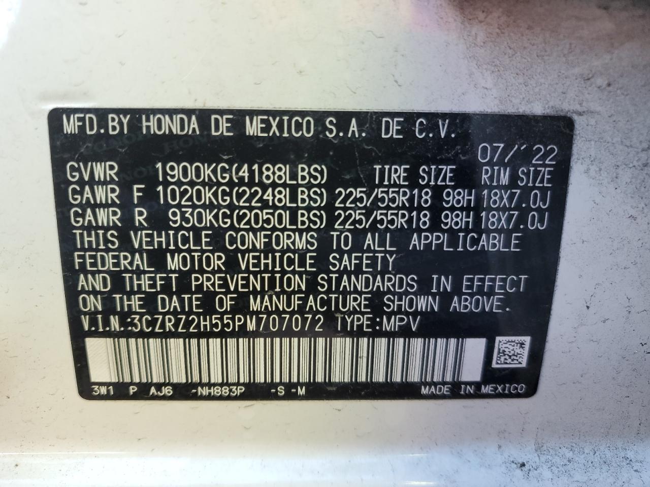 2023 Honda HR-V VIN 3CZRZ2H55PM707072 Copart auction photo, front end damage thumbnail 13