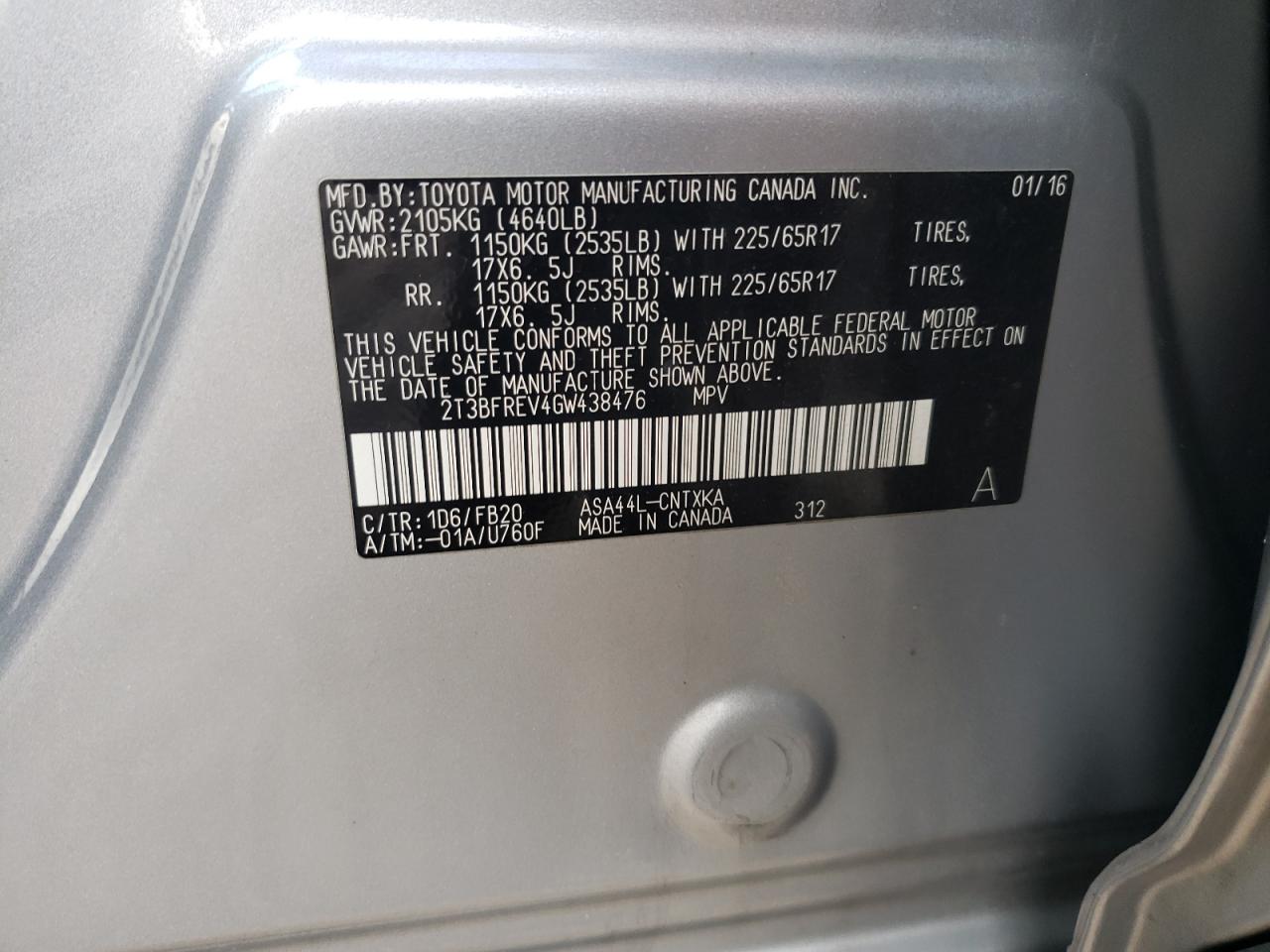 2016 Toyota RAV 4 VIN 2T3BFREV4GW438476 Copart auction photo, all over damage thumbnail 15