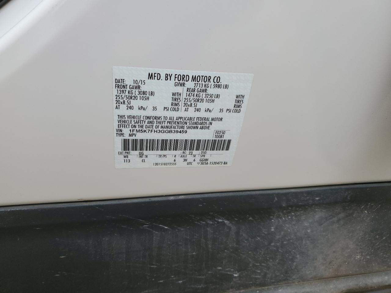 2016 Ford Explorer VIN 1FM5K7FH3GGB39459 Copart auction photo, front end damage thumbnail 14