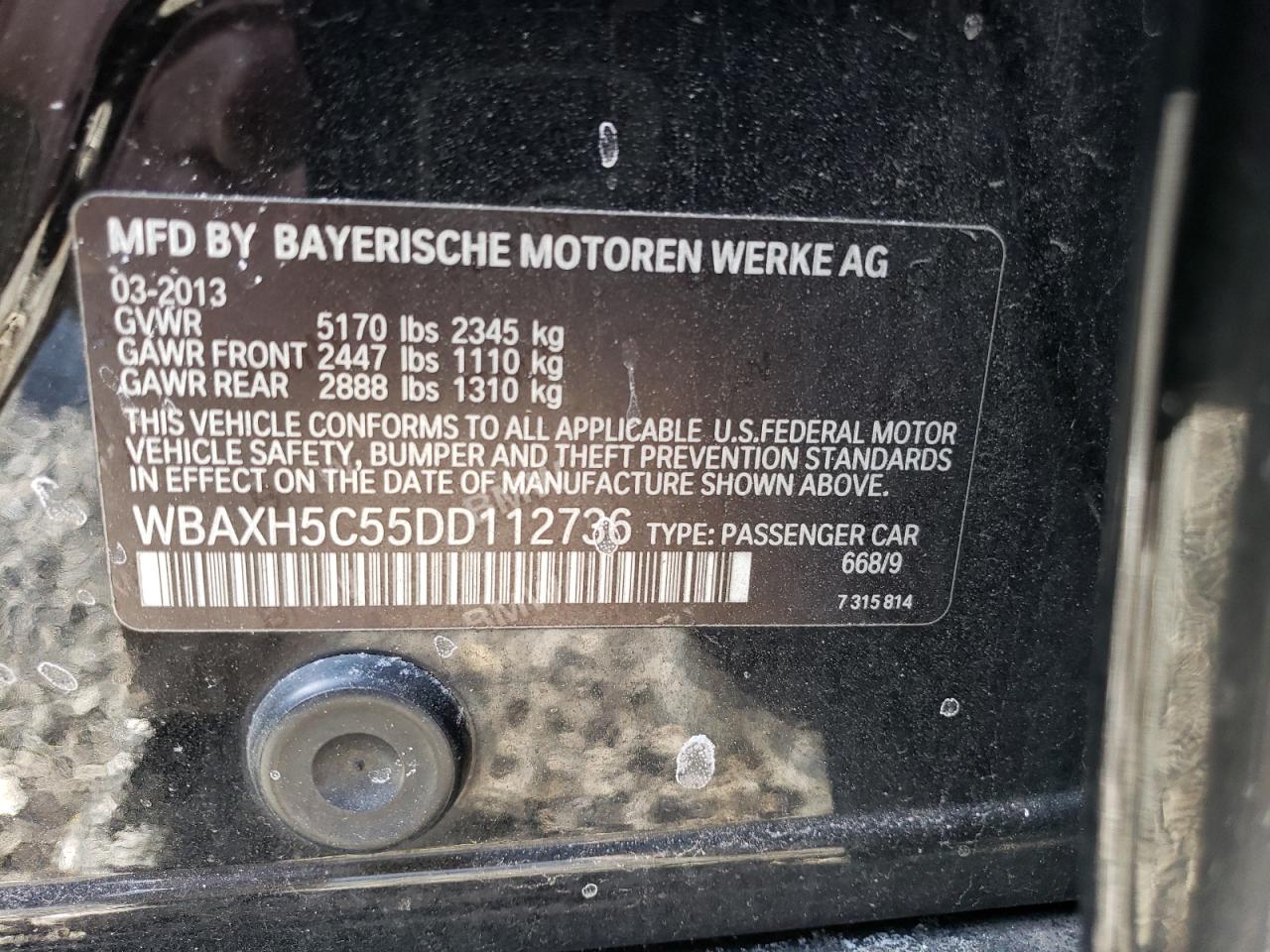 2013 BMW 5er VIN WBAXH5C55DD112736 Copart auction photo, front end damage thumbnail 13