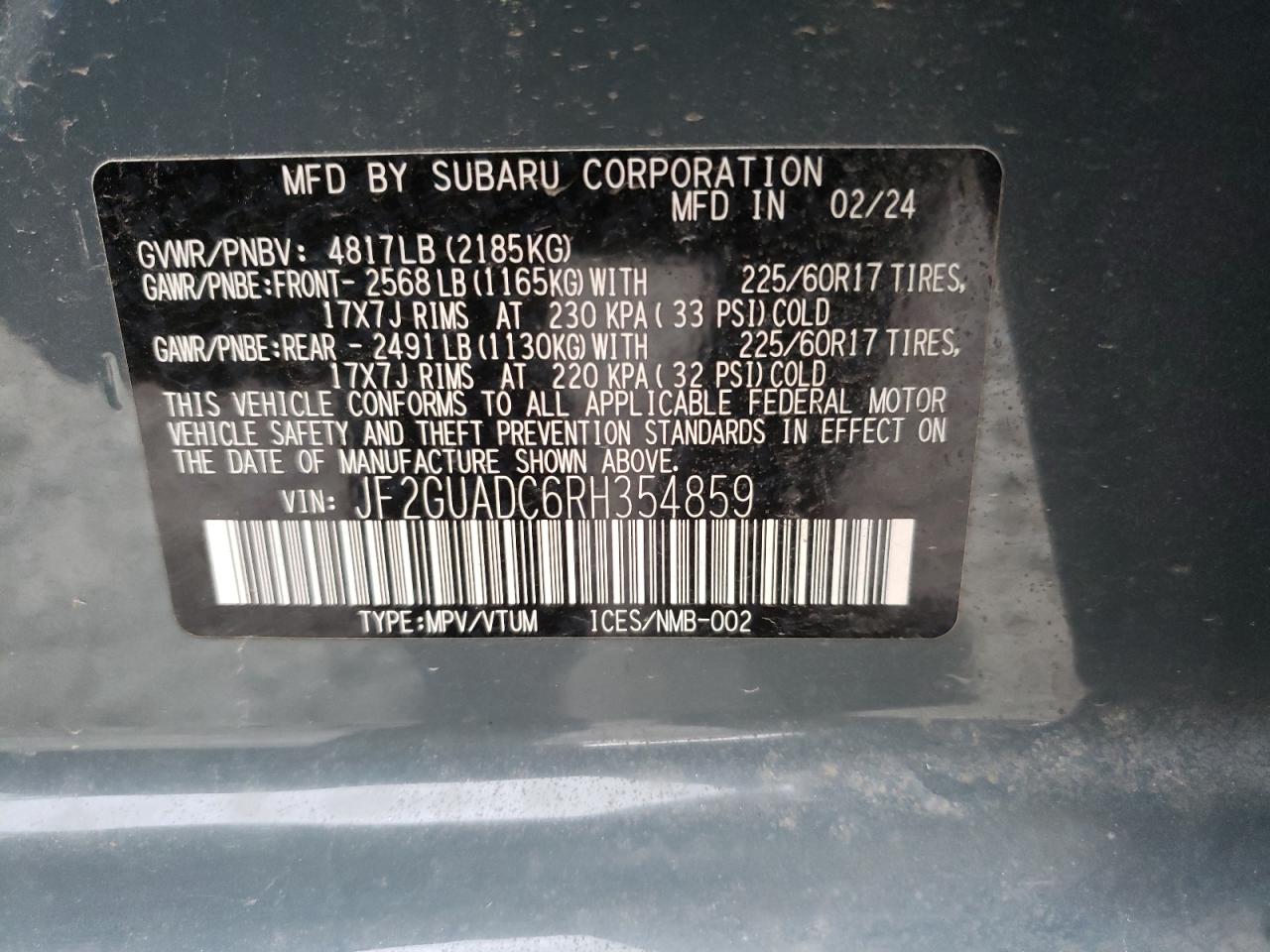 2024 Subaru XV VIN JF2GUADC6RH354859 Copart auction photo, front end / minor dent/scratches damage thumbnail 14