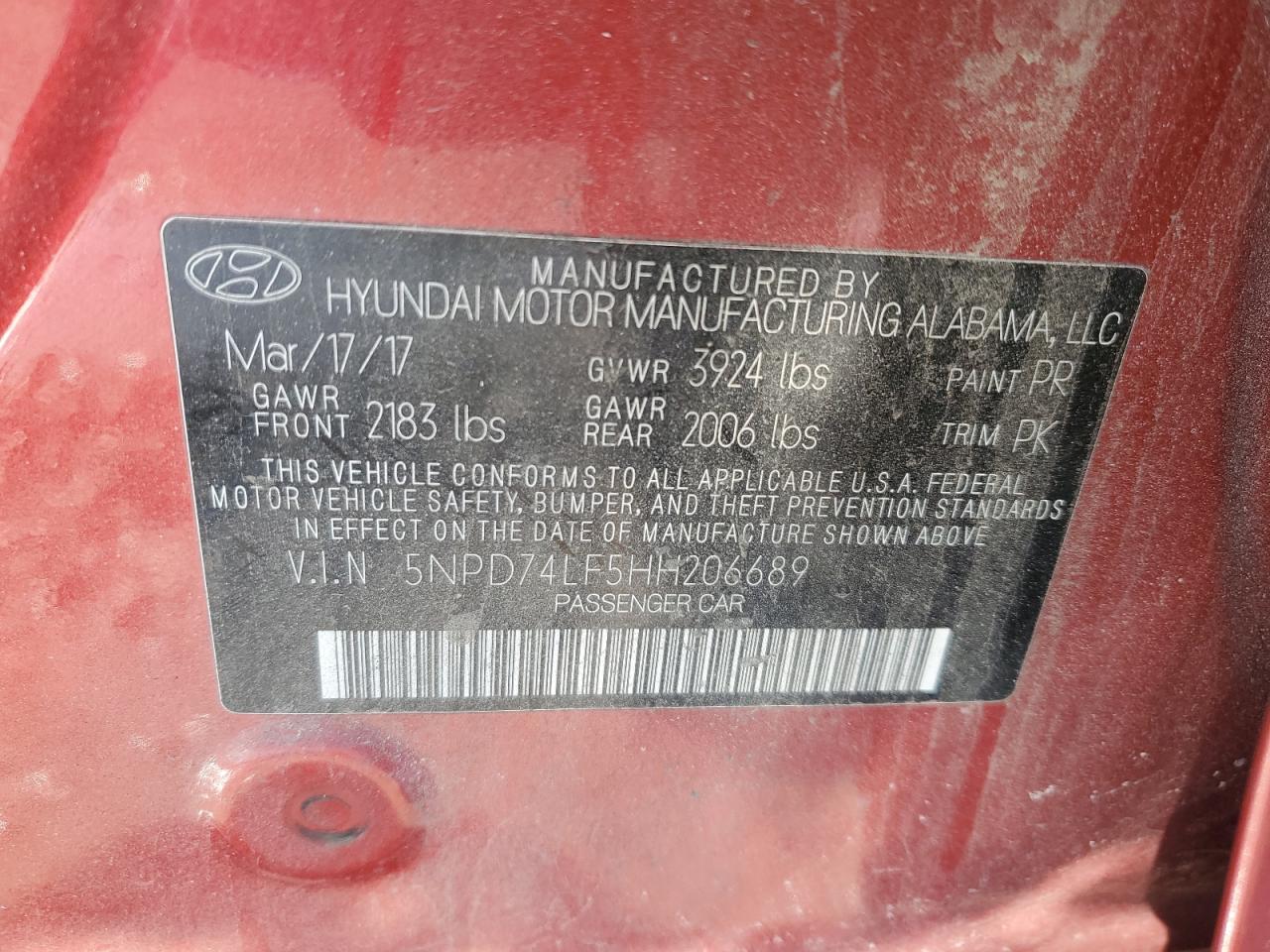 2017 Hyundai Elantra VIN 5NPD74LF5HH206689 Copart auction photo, front end damage thumbnail 15
