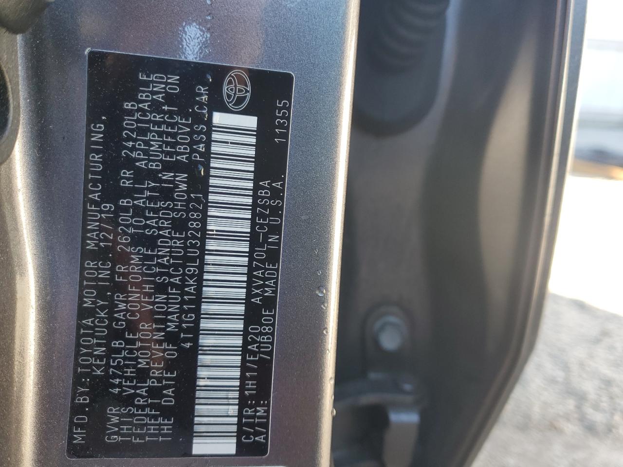 2020 Toyota Camry VIN 4T1G11AK9LU328821 Copart auction photo, front end damage thumbnail 12