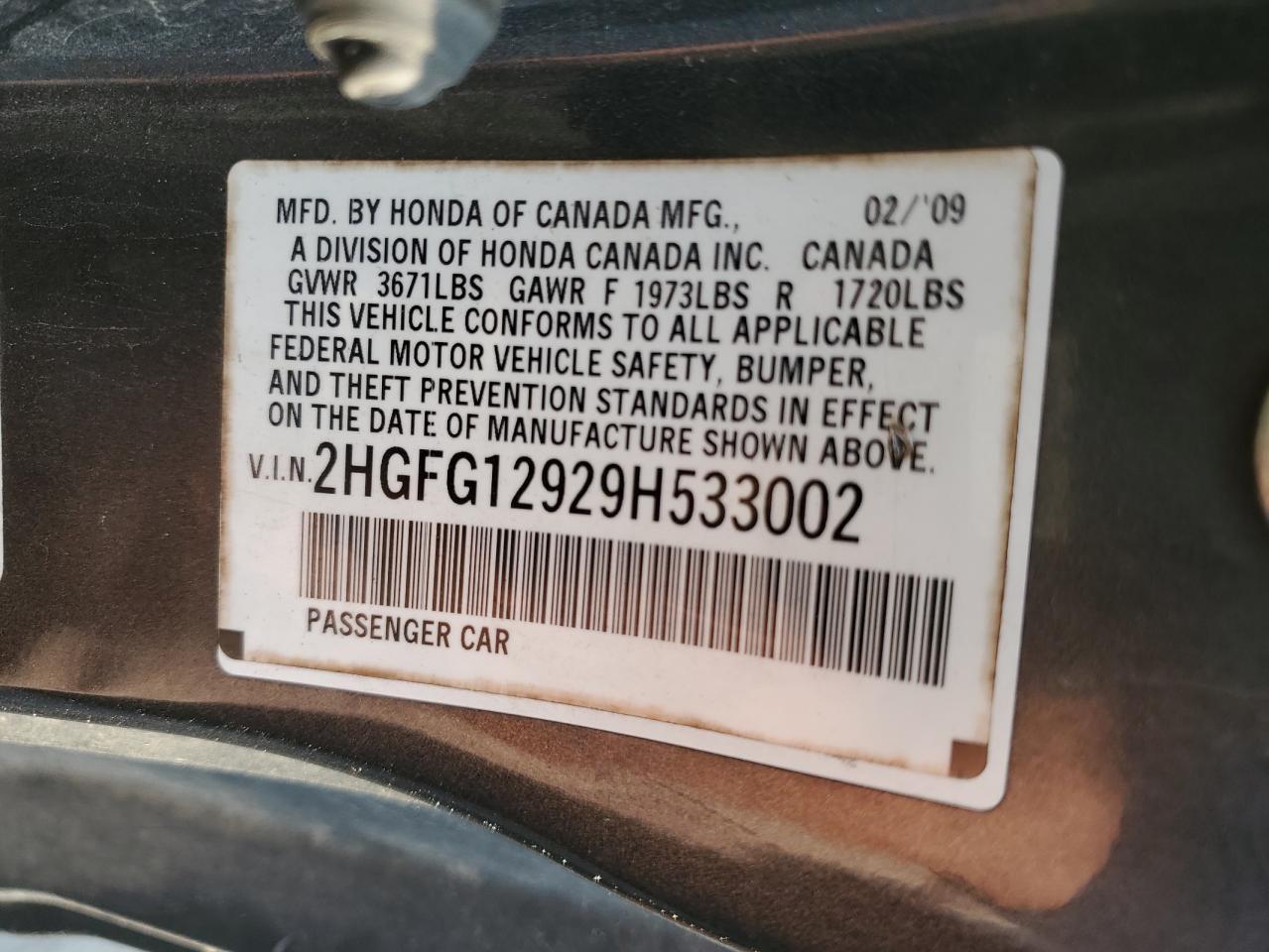 2009 Honda Civic VIN 2HGFG12929H533002 Copart auction photo, top/roof damage thumbnail 12