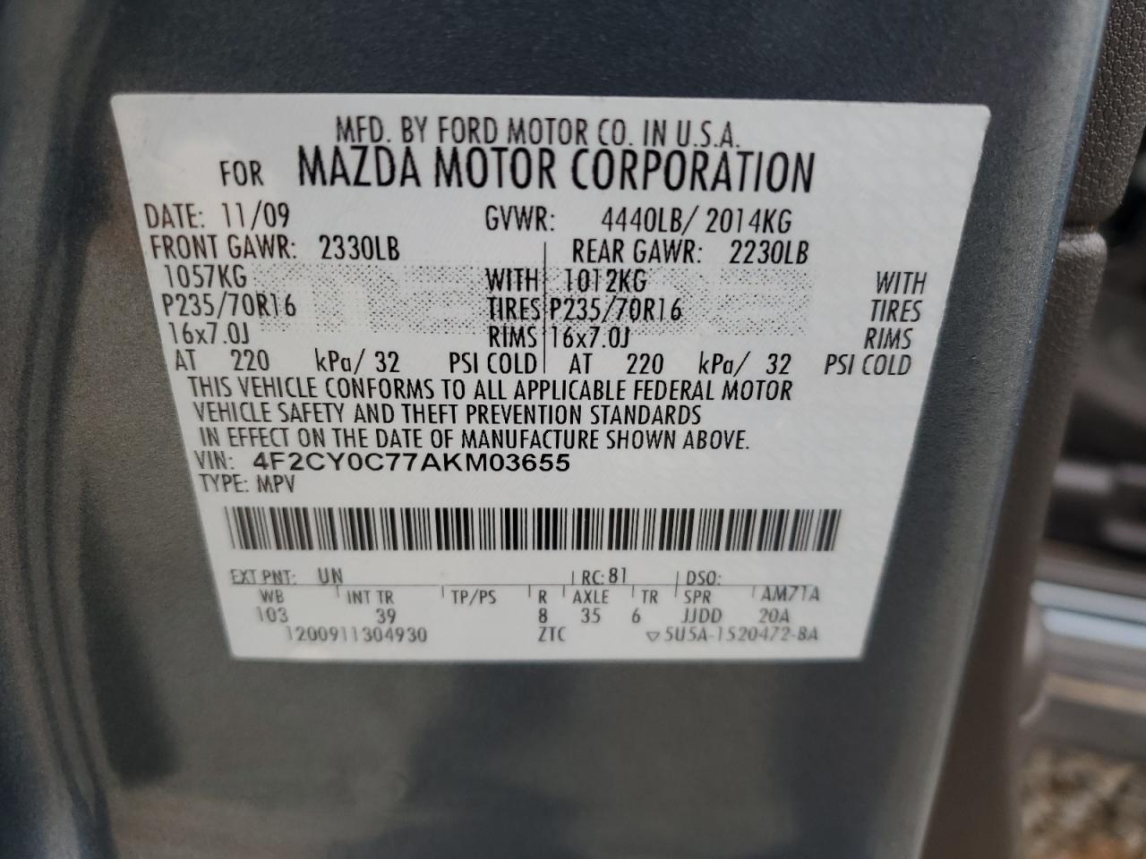 2010 Mazda Tribute VIN 4F2CY0C77AKM03655 Copart auction photo, top/roof / minor dent/scratches damage thumbnail 14