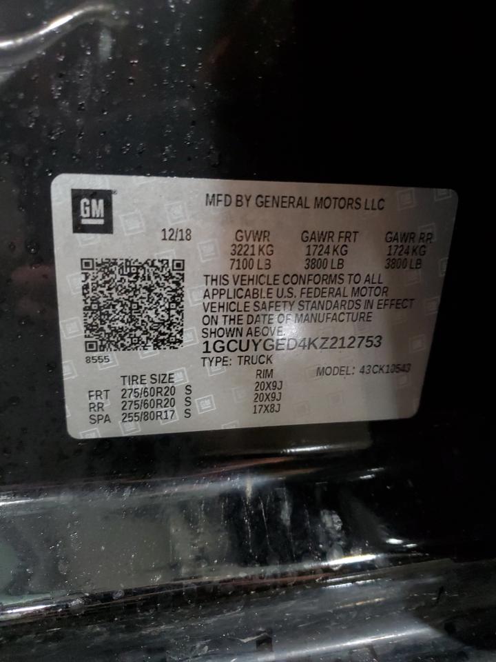 2019 Chevrolet Silverado VIN 1GCUYGED4KZ212753 Copart auction photo, side / rear end damage thumbnail 14