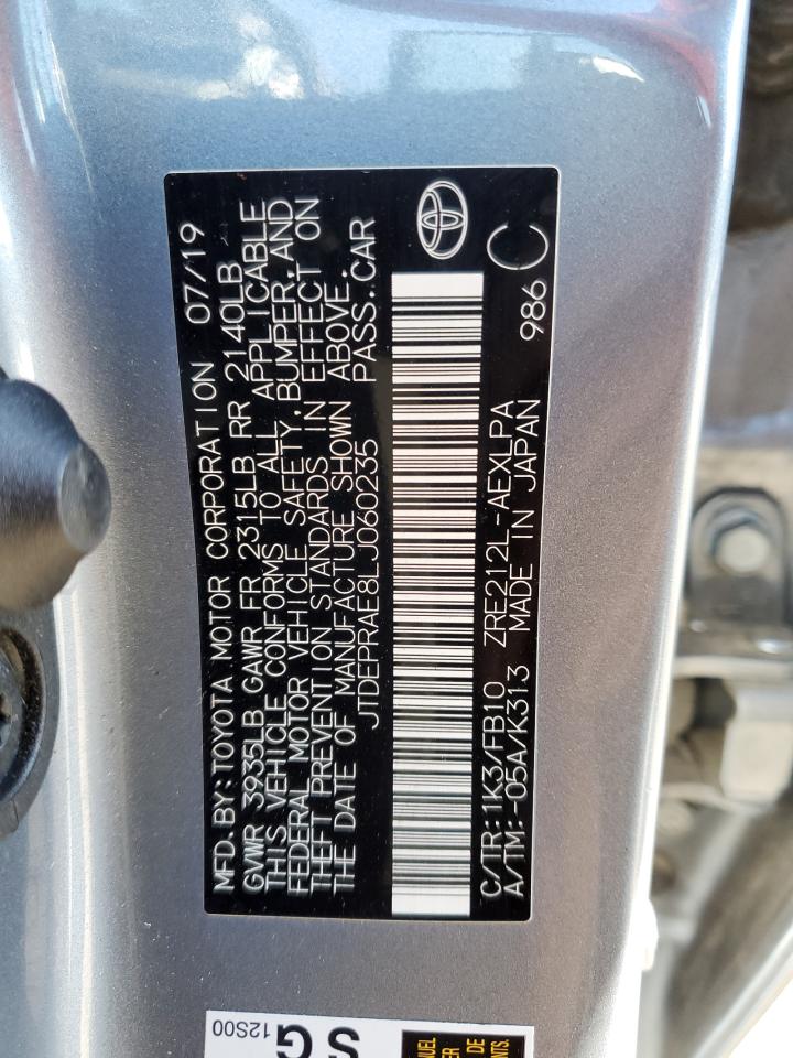 2020 Toyota Corolla VIN JTDEPRAE8LJ060235 Copart auction photo, rear end / side damage thumbnail 12