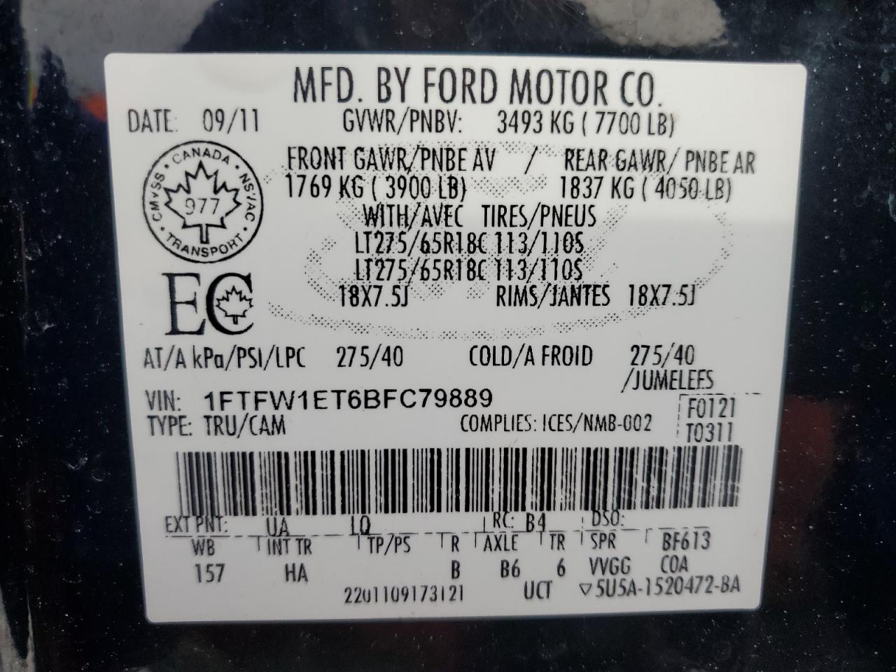 2011 Ford F-150 VIN 1FTFW1ET6BFC79889 Copart auction photo, front end / rear end damage thumbnail 12