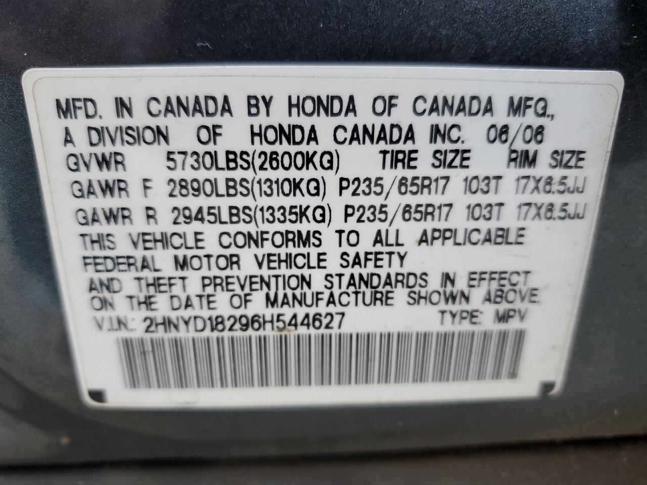 2006 Acura MDX VIN 2HNYD18296H544627 Copart auction photo, front end damage thumbnail 12