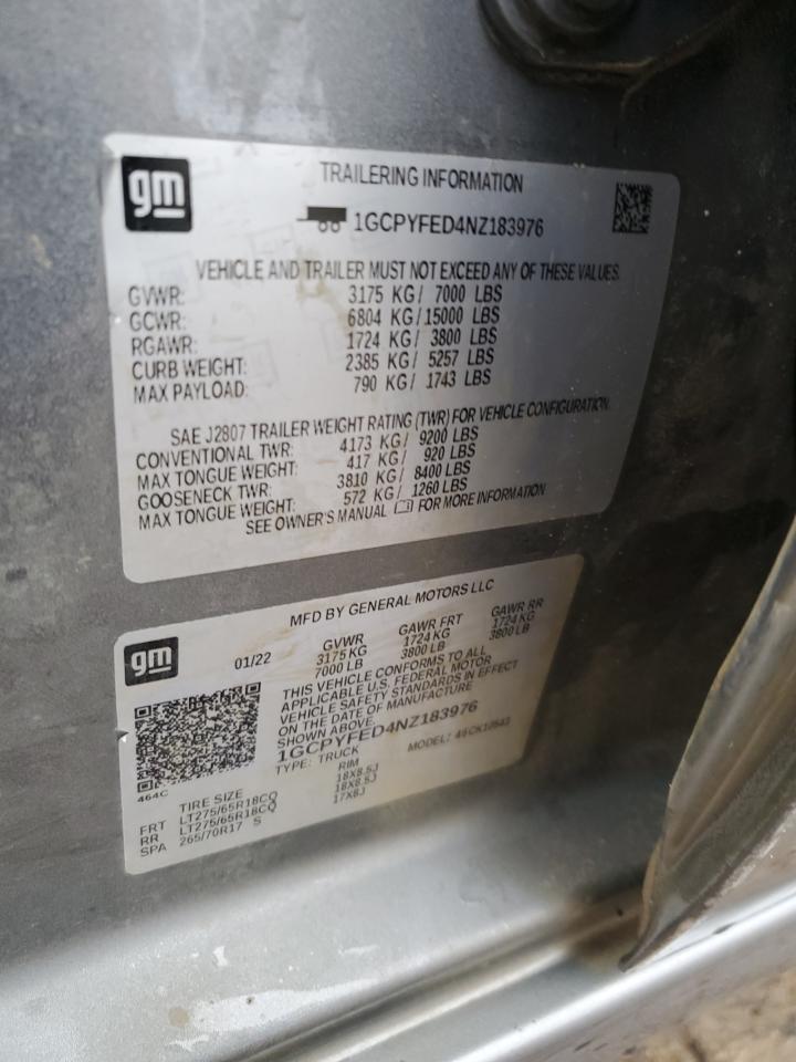 2022 Chevrolet Silverado VIN 1GCPYFED4NZ183976 Copart auction photo, front end / all over damage thumbnail 12