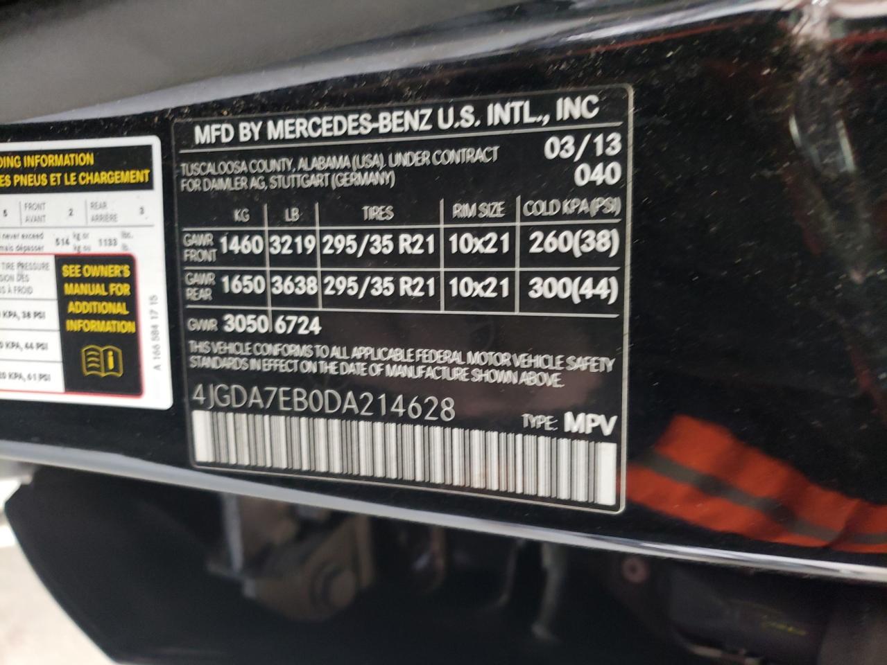 2013 Mercedes-Benz M-klasse VIN 4JGDA7EB0DA214628 Copart auction photo, rear end / front end damage thumbnail 13